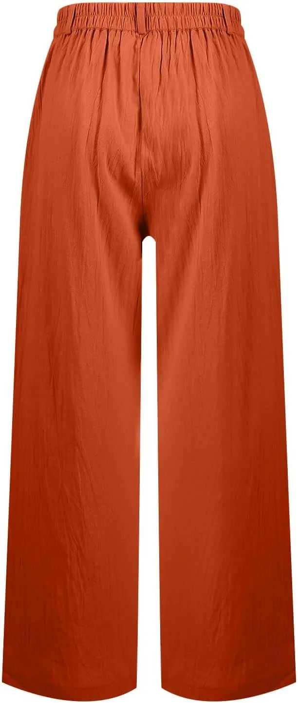 Wide Leg Linen Pants Women Summer Boho Beach Pants Business Work Office Pants Cotton High Waisted Palazzo Dress Pants