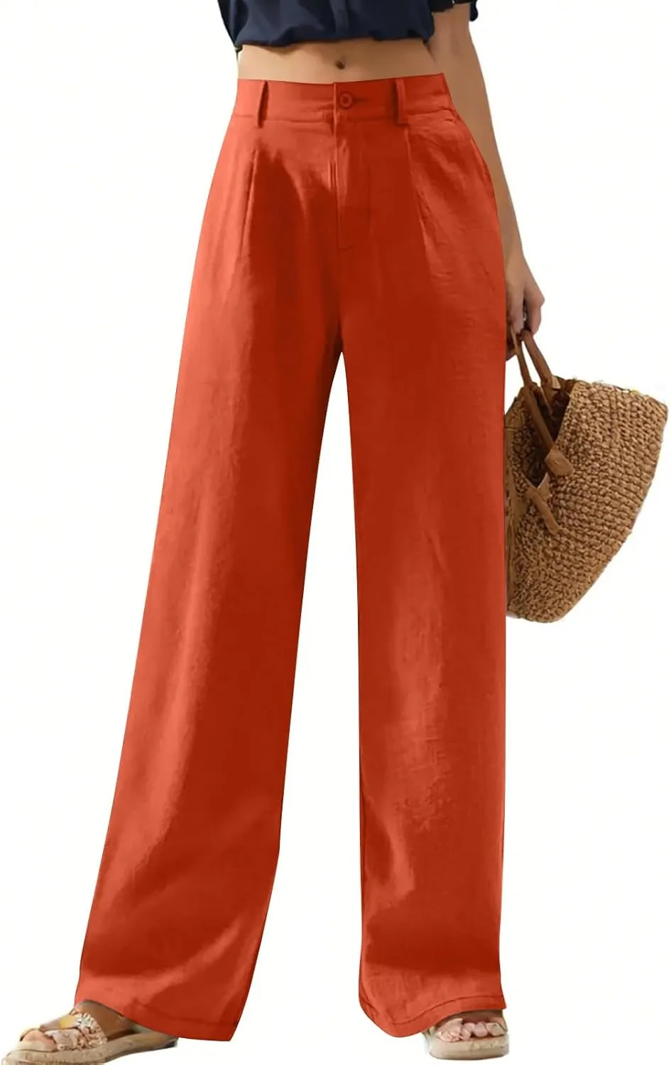 Wide Leg Linen Pants Women Summer Boho Beach Pants Business Work Office Pants Cotton High Waisted Palazzo Dress Pants