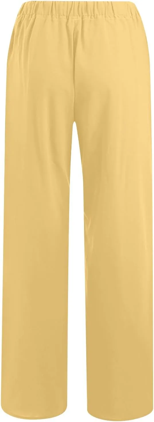 Wide Leg Pants for Women Summer Lightweight Cotton Linen Beach Trousers Lightweight Flowy Palazzo Pants with Pockets