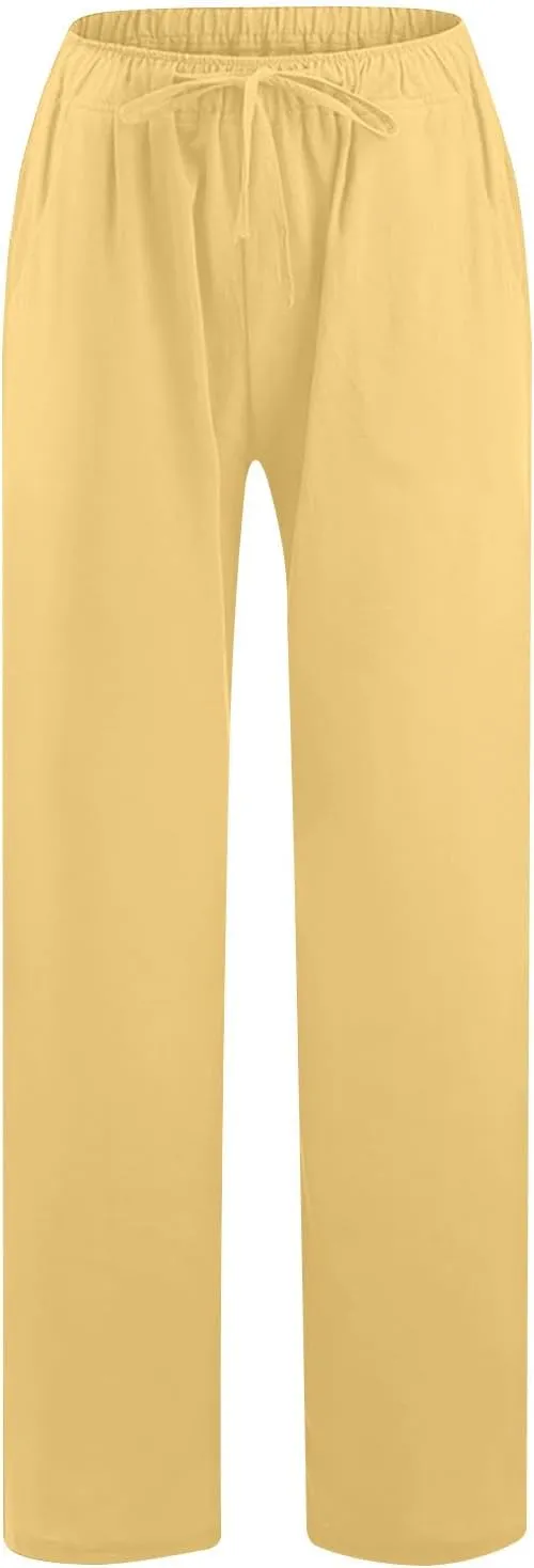 Wide Leg Pants for Women Summer Lightweight Cotton Linen Beach Trousers Lightweight Flowy Palazzo Pants with Pockets