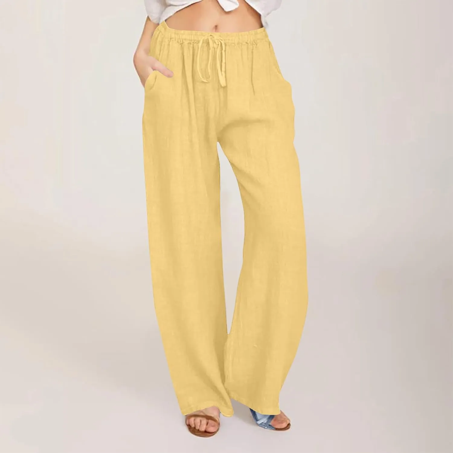 Wide Leg Pants for Women Summer Lightweight Cotton Linen Beach Trousers Lightweight Flowy Palazzo Pants with Pockets