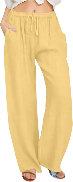 Wide Leg Pants for Women Summer Lightweight Cotton Linen Beach Trousers Lightweight Flowy Palazzo Pants with Pockets