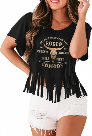 Women Graphic Tees Western Shirts Vintage Cowgirl Fringe Shirt Country Concert Tops Short Sleeve