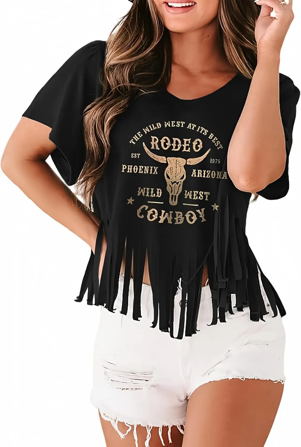 Women Graphic Tees Western Shirts Vintage Cowgirl Fringe Shirt Country Concert Tops Short Sleeve