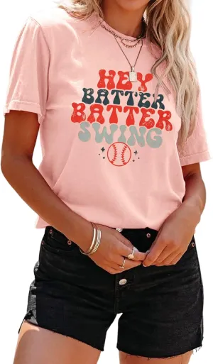 Women Hey Batter Batter Swing Shirt Baseball Mom Graphic Tee Short Sleeve Loose Ballpark Top Casual Sports Tees