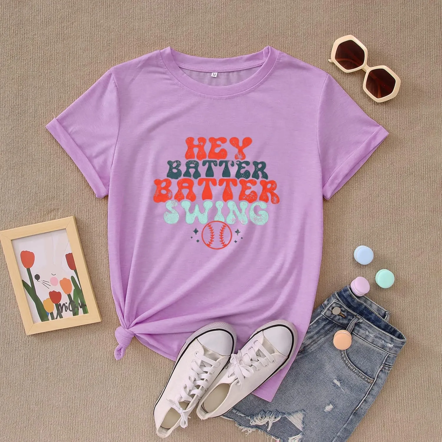 Women Hey Batter Batter Swing Shirt Baseball Mom Graphic Tee Short Sleeve Loose Ballpark Top Casual Sports Tees