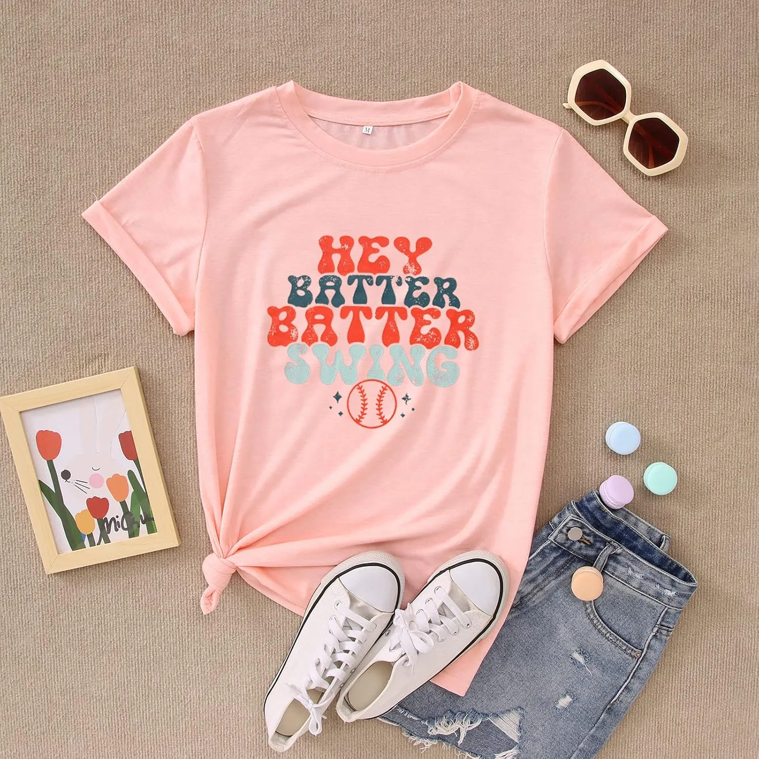 Women Hey Batter Batter Swing Shirt Baseball Mom Graphic Tee Short Sleeve Loose Ballpark Top Casual Sports Tees