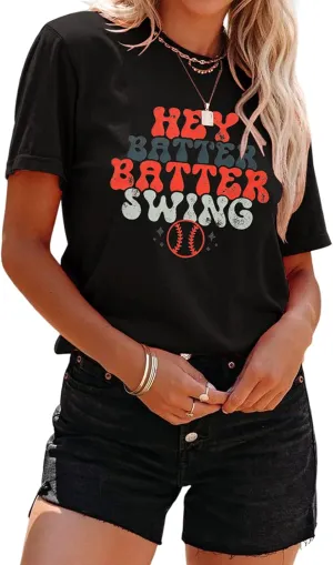 Women Hey Batter Batter Swing Shirt Baseball Mom Graphic Tee Short Sleeve Loose Ballpark Top Casual Sports Tees
