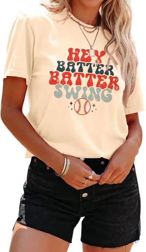 Women Hey Batter Batter Swing Shirt Baseball Mom Graphic Tee Short Sleeve Loose Ballpark Top Casual Sports Tees