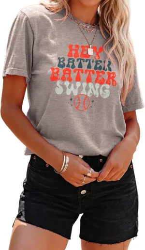 Women Hey Batter Batter Swing Shirt Baseball Mom Graphic Tee Short Sleeve Loose Ballpark Top Casual Sports Tees