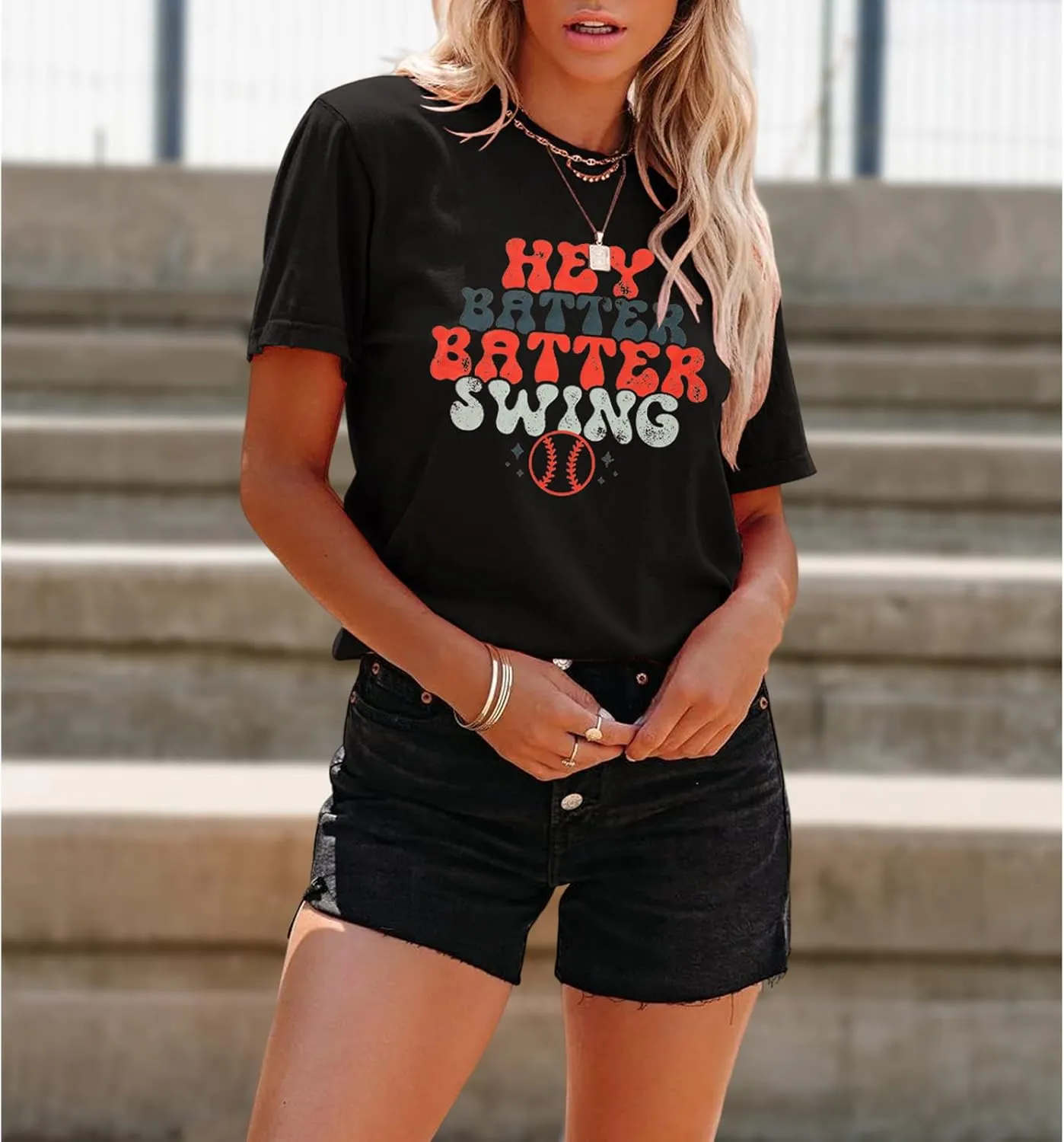 Women Hey Batter Batter Swing Shirt Baseball Mom Graphic Tee Short Sleeve Loose Ballpark Top Casual Sports Tees