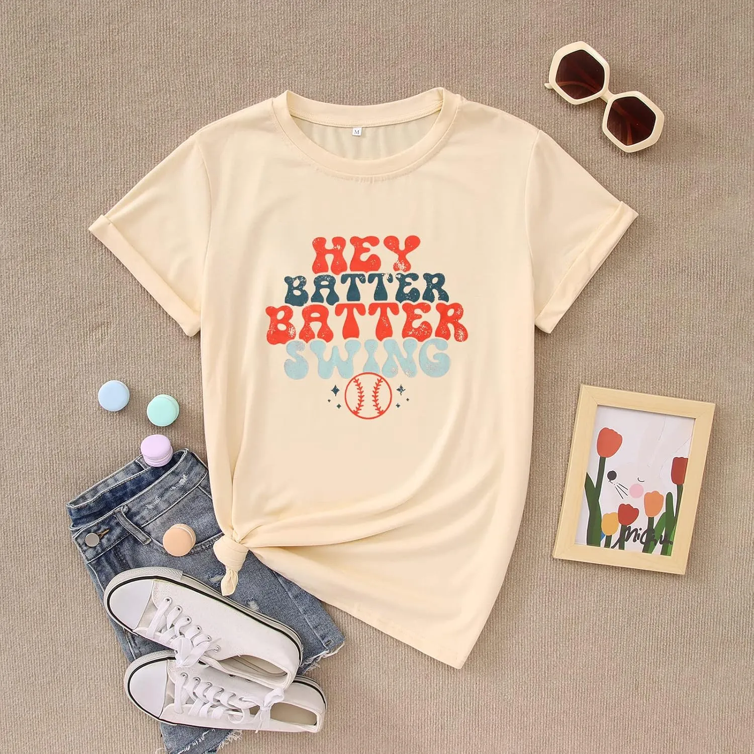 Women Hey Batter Batter Swing Shirt Baseball Mom Graphic Tee Short Sleeve Loose Ballpark Top Casual Sports Tees