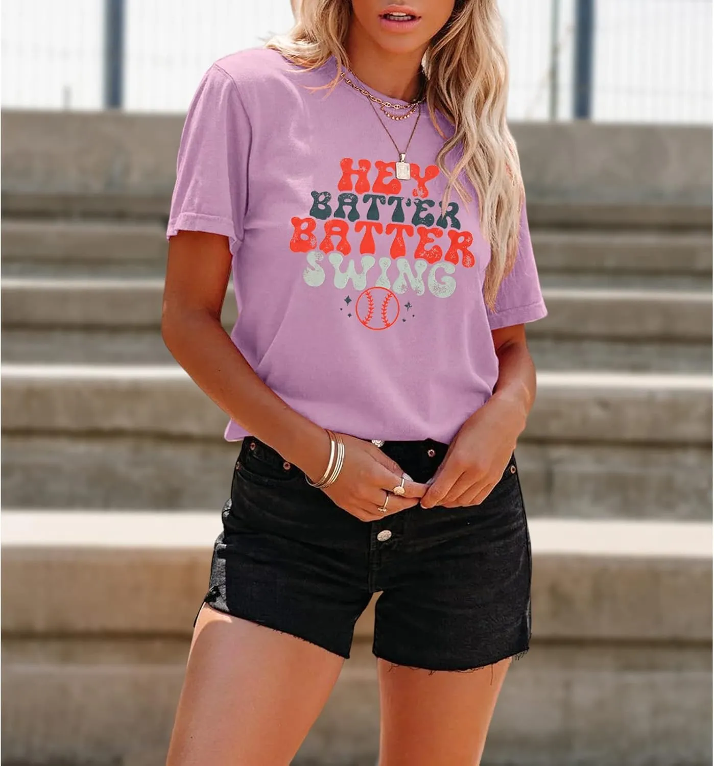 Women Hey Batter Batter Swing Shirt Baseball Mom Graphic Tee Short Sleeve Loose Ballpark Top Casual Sports Tees