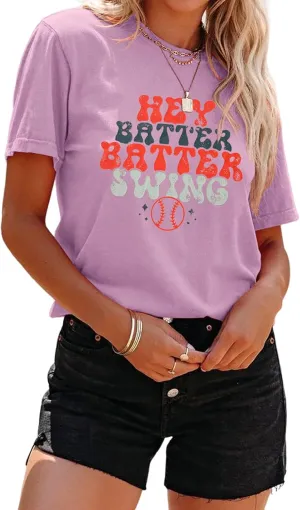 Women Hey Batter Batter Swing Shirt Baseball Mom Graphic Tee Short Sleeve Loose Ballpark Top Casual Sports Tees