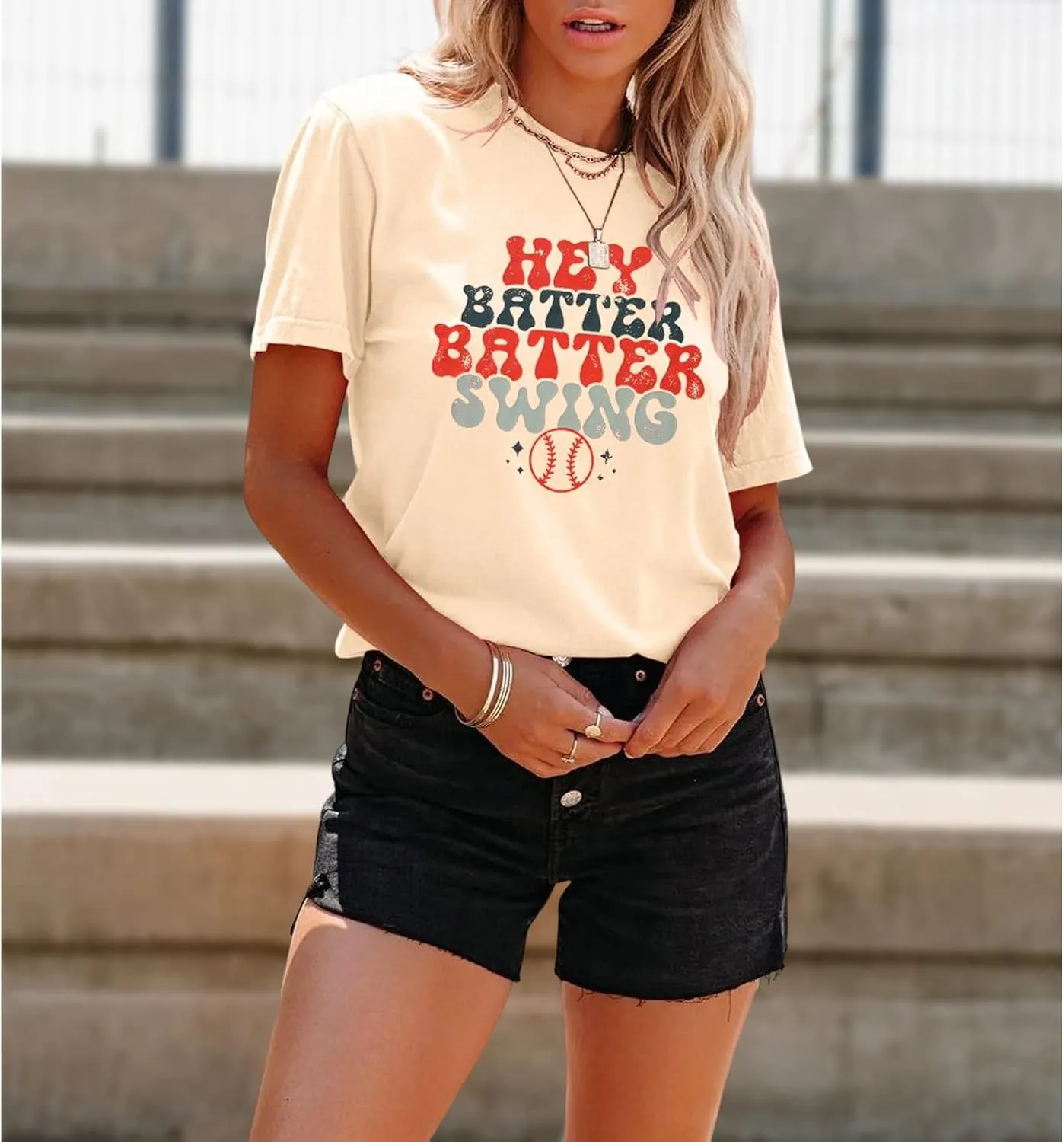 Women Hey Batter Batter Swing Shirt Baseball Mom Graphic Tee Short Sleeve Loose Ballpark Top Casual Sports Tees