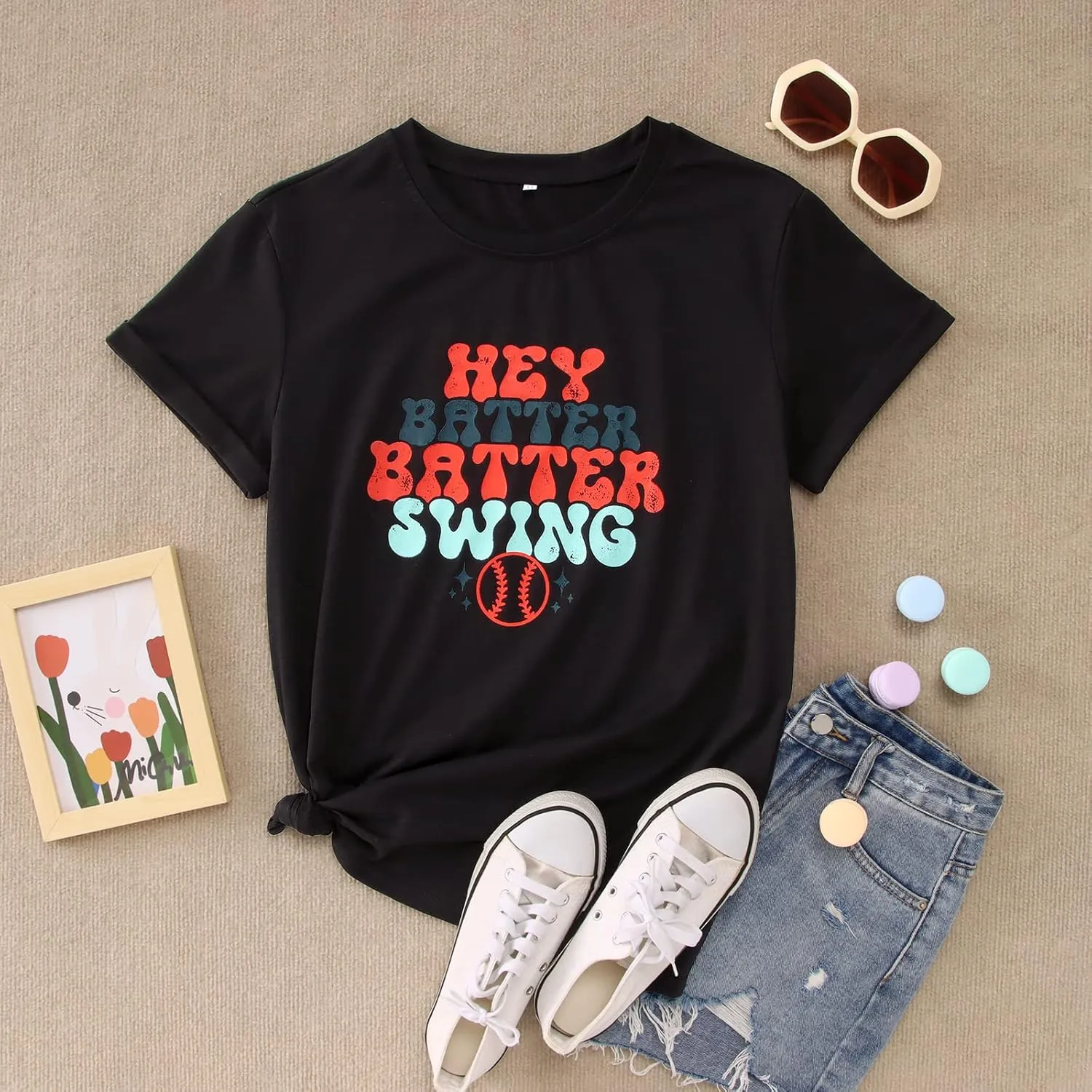 Women Hey Batter Batter Swing Shirt Baseball Mom Graphic Tee Short Sleeve Loose Ballpark Top Casual Sports Tees