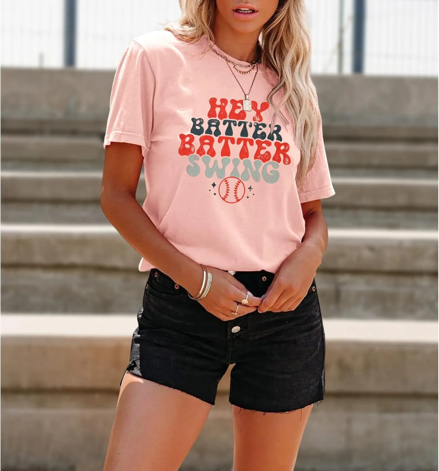 Women Hey Batter Batter Swing Shirt Baseball Mom Graphic Tee Short Sleeve Loose Ballpark Top Casual Sports Tees