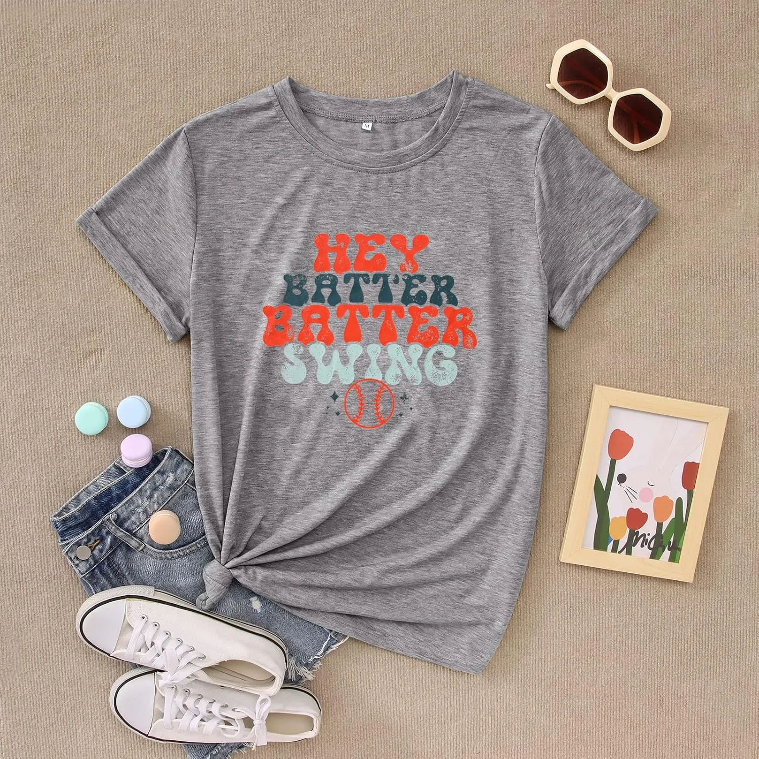 Women Hey Batter Batter Swing Shirt Baseball Mom Graphic Tee Short Sleeve Loose Ballpark Top Casual Sports Tees
