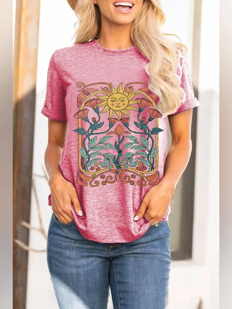 Women Vintage Wildflower T Shirt Funny Sun Mystical Shirts Boho Graphic Tees Short Sleeve Tops