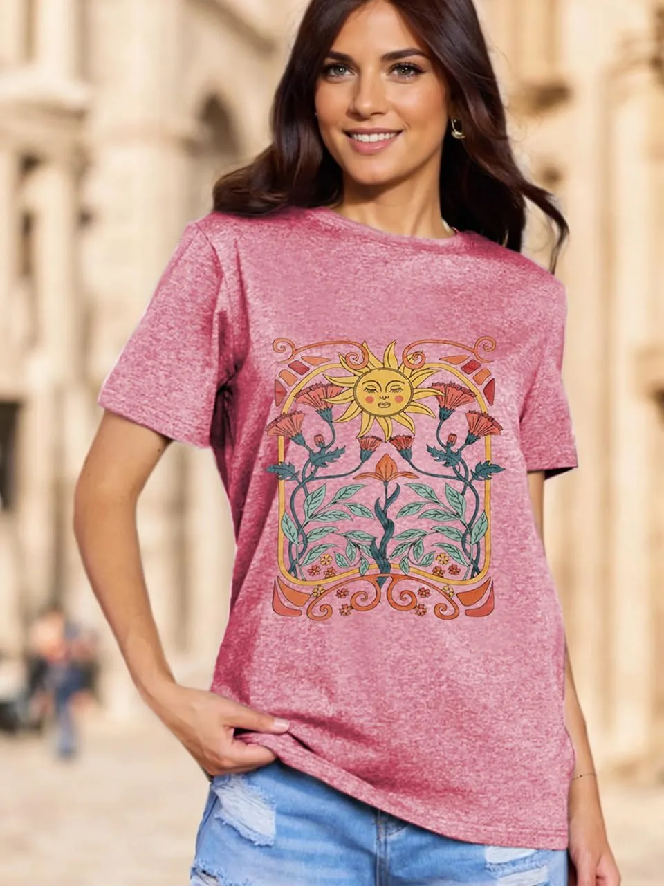 Women Vintage Wildflower T Shirt Funny Sun Mystical Shirts Boho Graphic Tees Short Sleeve Tops