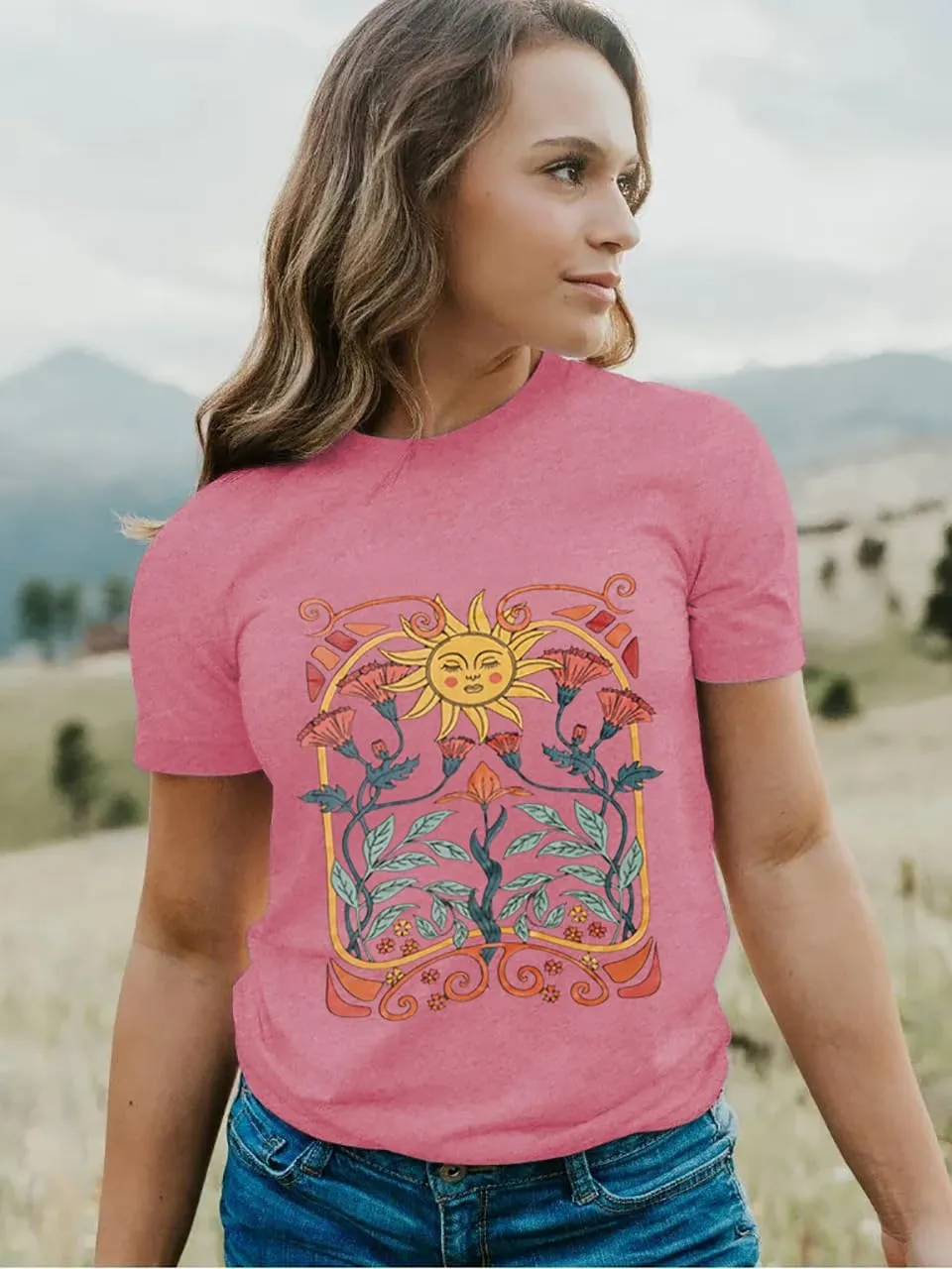 Women Vintage Wildflower T Shirt Funny Sun Mystical Shirts Boho Graphic Tees Short Sleeve Tops