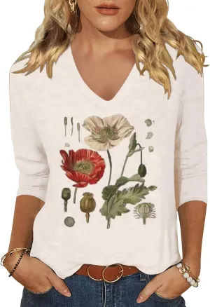 Womens 3/4 Sleeve V Neck T-Shirts Floral Printed Cute Tunic Tops Casual Basic Top Pullover