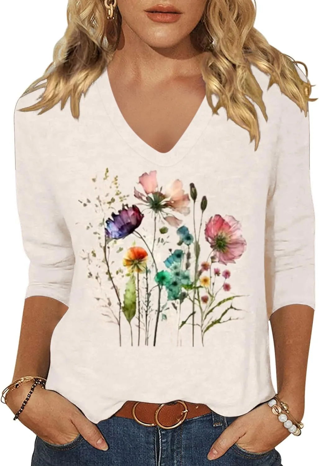 Womens 3/4 Sleeve V Neck T-Shirts Floral Printed Cute Tunic Tops Casual Basic Top Pullover