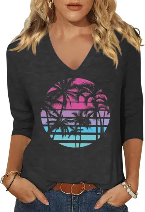 Womens 3/4 Sleeve V Neck T-Shirts Floral Printed Cute Tunic Tops Casual Basic Top Pullover