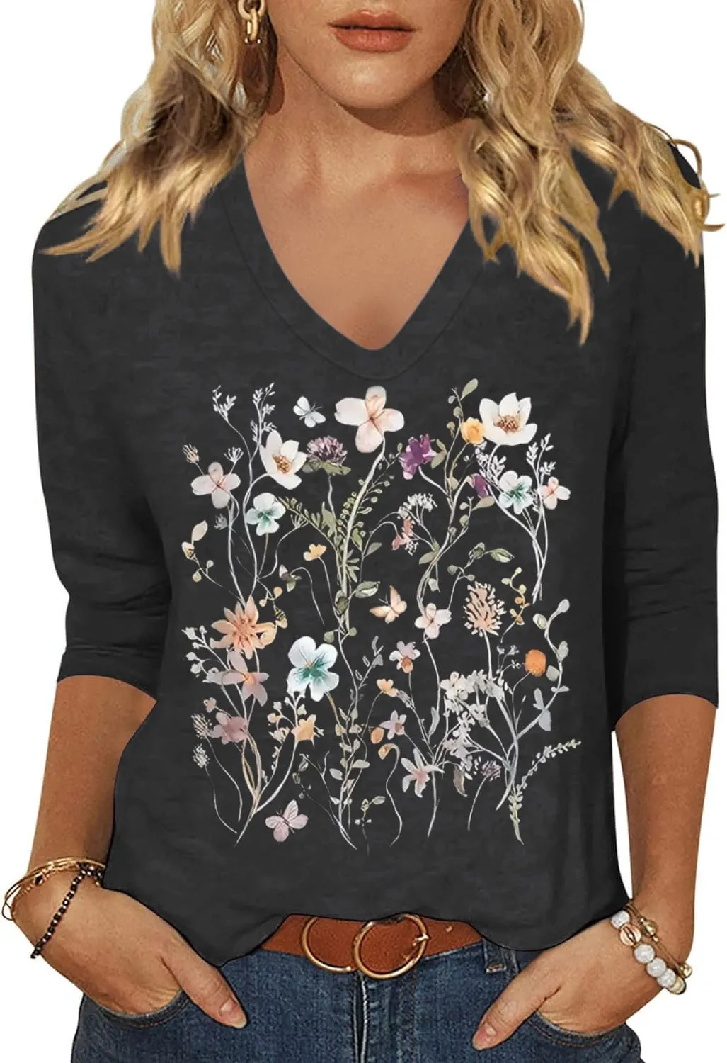 Womens 3/4 Sleeve V Neck T-Shirts Floral Printed Cute Tunic Tops Casual Basic Top Pullover
