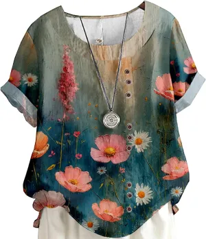 Women's Boho Floral Print Shirt Short Sleeve Casual Button Shirts Round Neck T-Shirt Summer Fashion Loose Tunic Tops