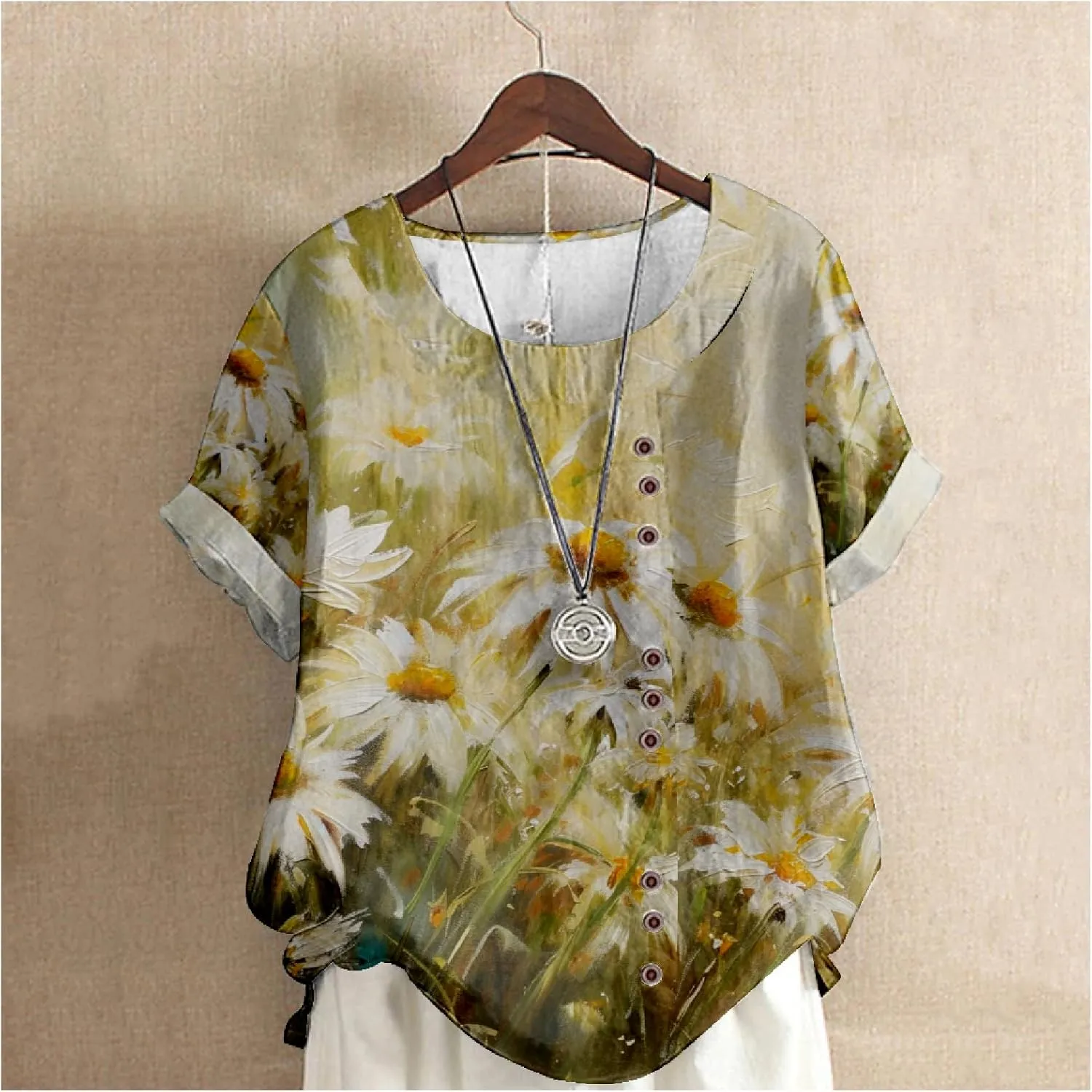 Women's Boho Floral Print Shirt Short Sleeve Casual Button Shirts Round Neck T-Shirt Summer Fashion Loose Tunic Tops