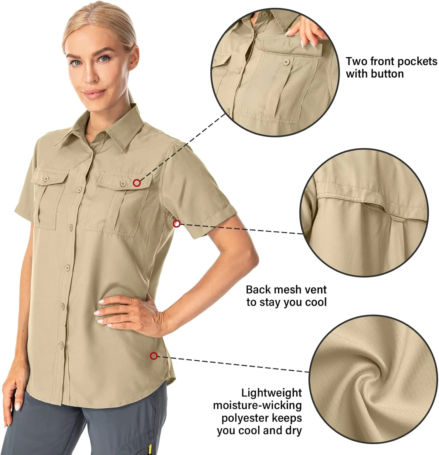 Women's Button Down Shirts UPF 50  Short Sleeve Sun Protection Shirts Stretch Quick Dry Shirt for Fishing, Hiking, Travel