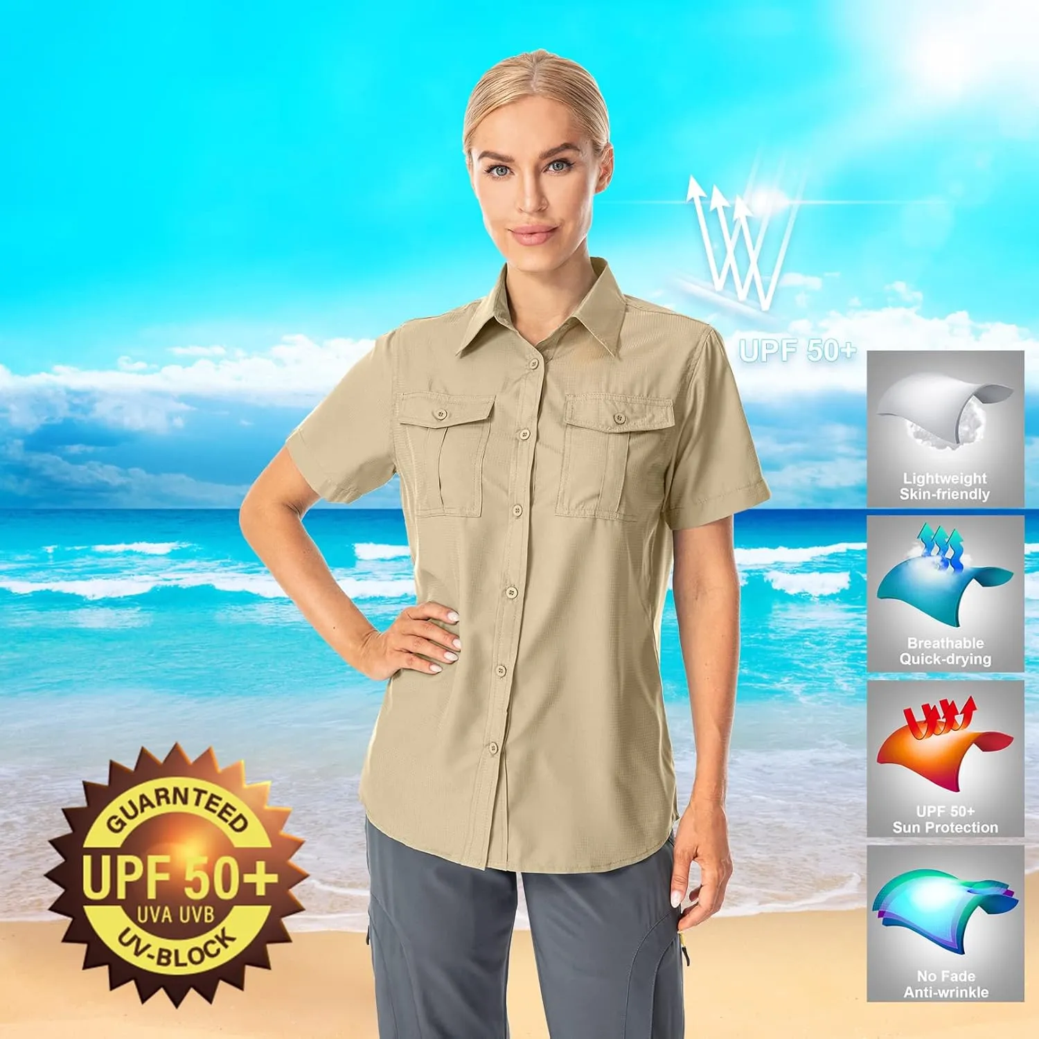 Women's Button Down Shirts UPF 50  Short Sleeve Sun Protection Shirts Stretch Quick Dry Shirt for Fishing, Hiking, Travel