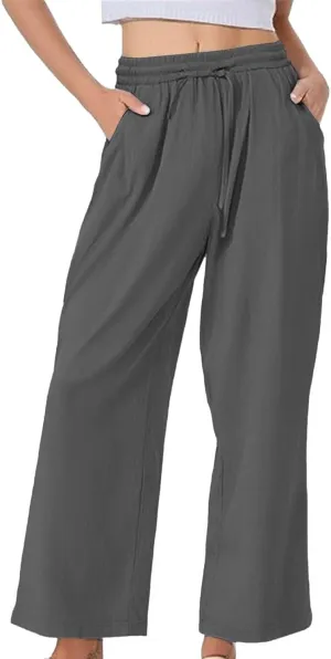 Womens Casual Cotton Linen Pants 2025 Drawstring Elastic Waist Solid Plus Size Lounge Long Trousers with Pockets