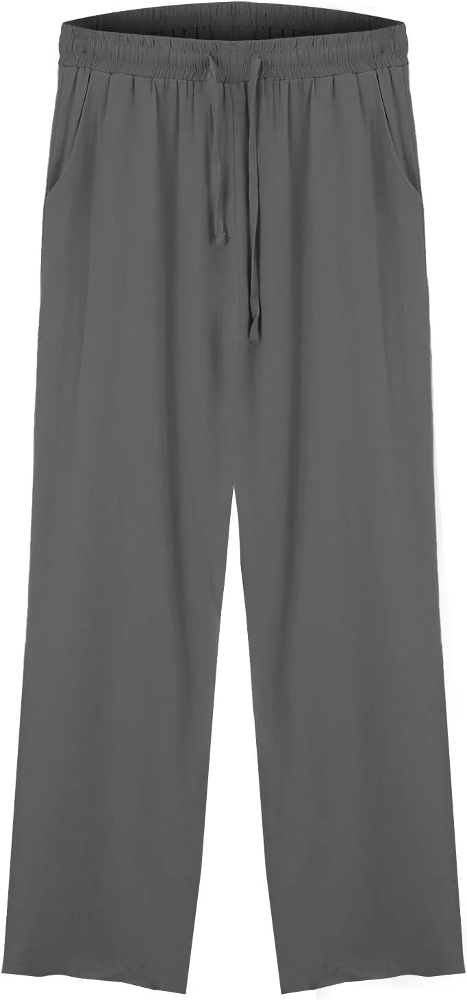 Womens Casual Cotton Linen Pants 2025 Drawstring Elastic Waist Solid Plus Size Lounge Long Trousers with Pockets