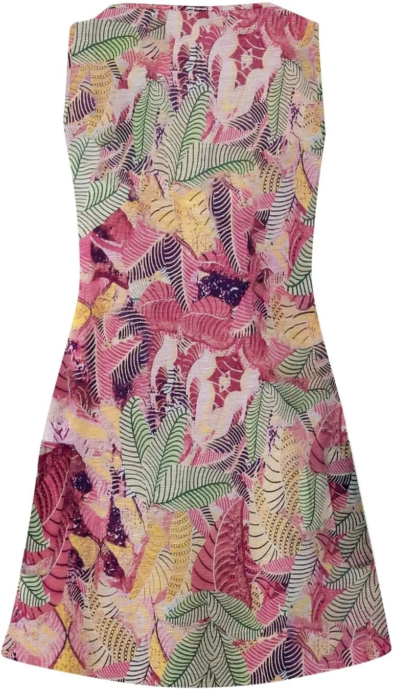 Women's Casual Sundress with Pockets Summer Boho Beach Dress Floral Blouses T-Shirts Dress Tank, S-3XL