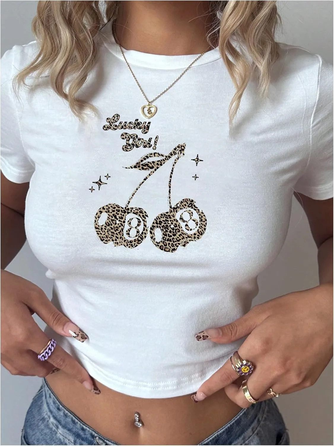 Women's Cherry Leopard T Shirts Crew Neck Short Sleeve Graphic Tees Slim Fit Crop Tops