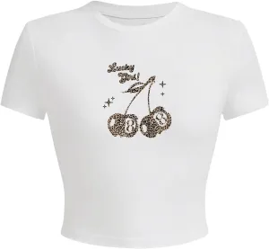 Women's Cherry Leopard T Shirts Crew Neck Short Sleeve Graphic Tees Slim Fit Crop Tops
