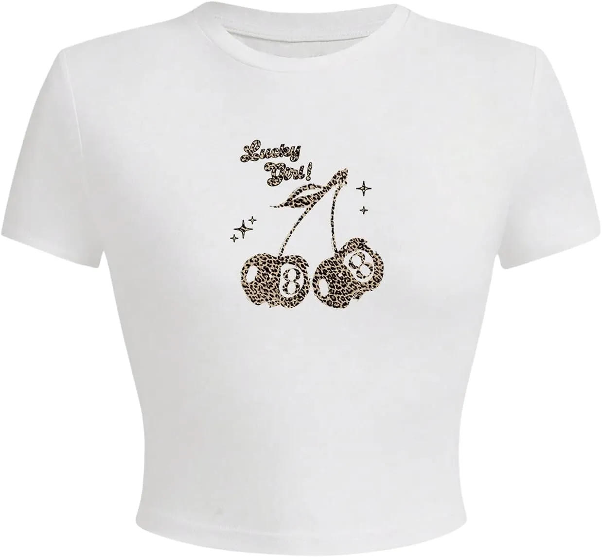 Women's Cherry Leopard T Shirts Crew Neck Short Sleeve Graphic Tees Slim Fit Crop Tops