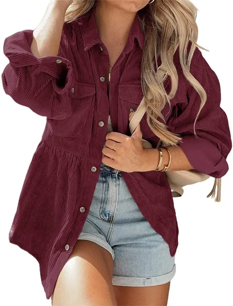 Womens Corduroy Peplum Shirts Tops Cute Long Sleeve Button Down Blouses with Pockets