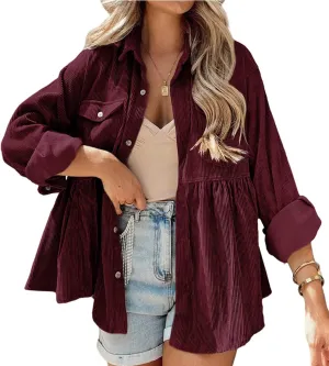 Womens Corduroy Peplum Shirts Tops Cute Long Sleeve Button Down Blouses with Pockets