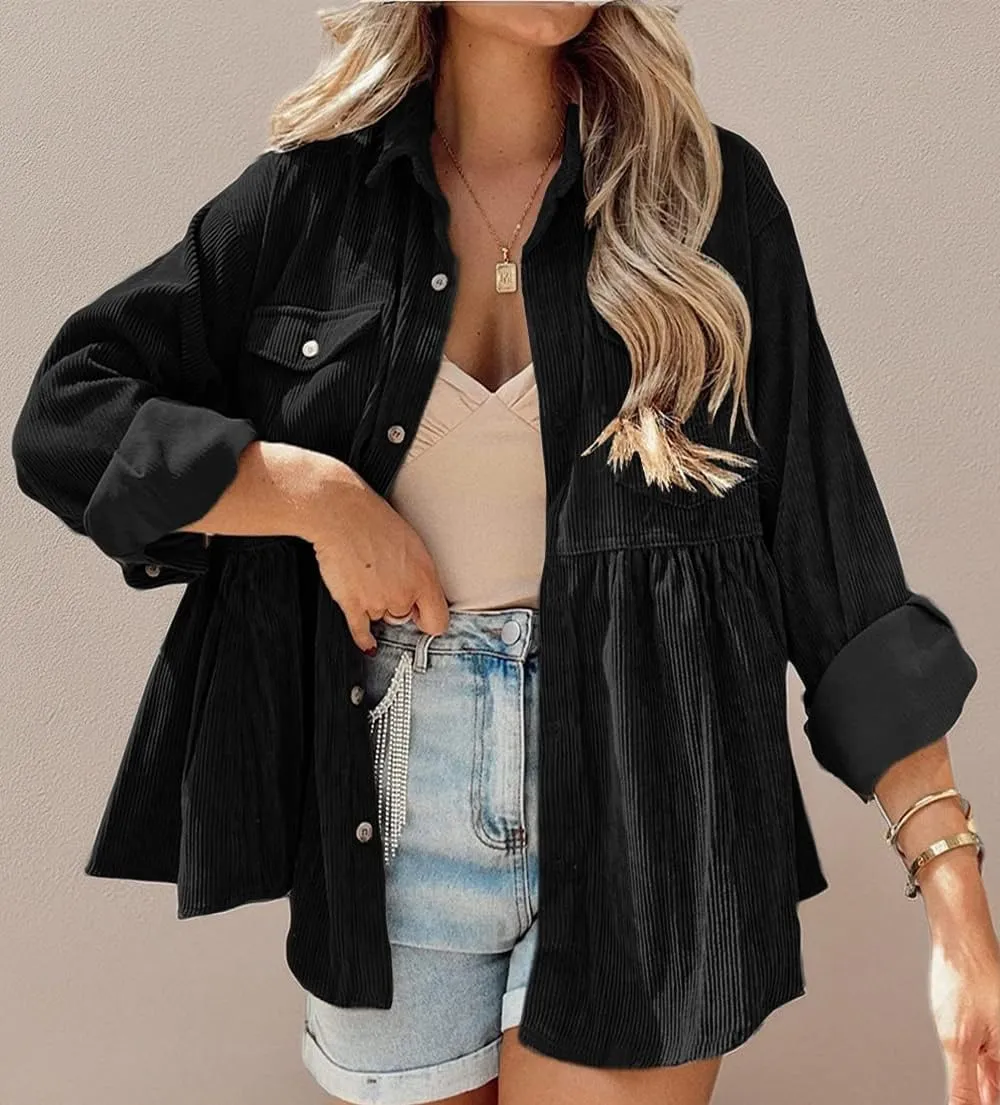 Womens Corduroy Peplum Shirts Tops Cute Long Sleeve Button Down Blouses with Pockets