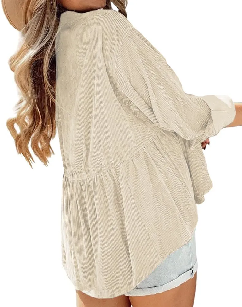 Womens Corduroy Peplum Shirts Tops Cute Long Sleeve Button Down Blouses with Pockets