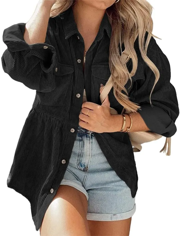 Womens Corduroy Peplum Shirts Tops Cute Long Sleeve Button Down Blouses with Pockets
