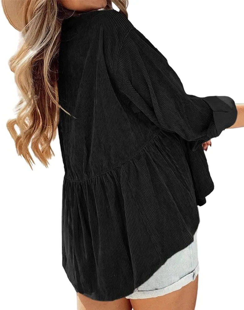 Womens Corduroy Peplum Shirts Tops Cute Long Sleeve Button Down Blouses with Pockets