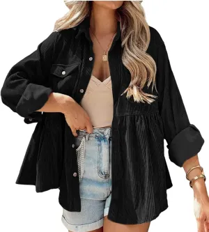 Womens Corduroy Peplum Shirts Tops Cute Long Sleeve Button Down Blouses with Pockets