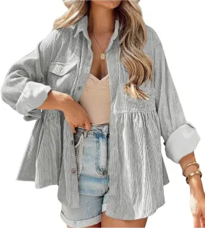 Womens Corduroy Peplum Shirts Tops Cute Long Sleeve Button Down Blouses with Pockets