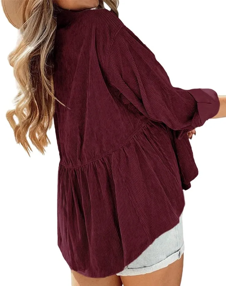 Womens Corduroy Peplum Shirts Tops Cute Long Sleeve Button Down Blouses with Pockets