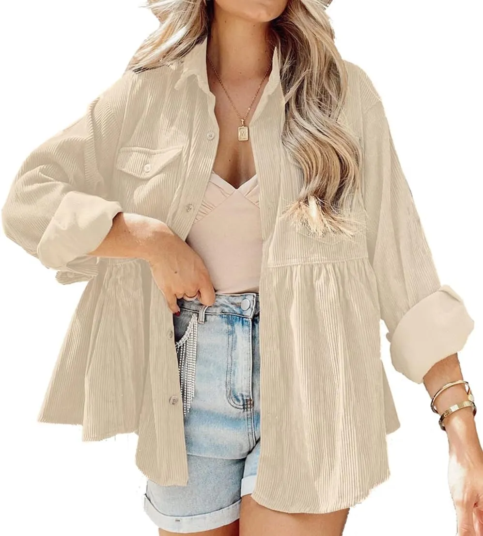 Womens Corduroy Peplum Shirts Tops Cute Long Sleeve Button Down Blouses with Pockets