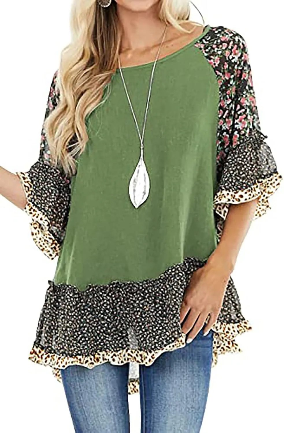Womens Crew Neck Casual Pullover 3/4 Sleeve Boho Floral Blouses Loose Tops Shirt Sweatshirts S - 5XL